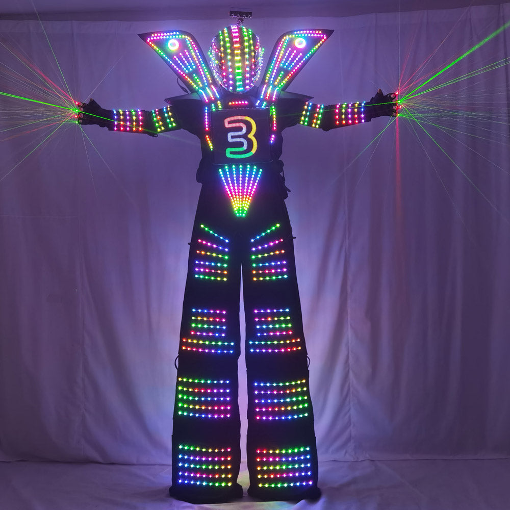 Traje LED Robot Stilt Walking Luminous Suit for Carnival Party with Chest Display  Laser Gloves