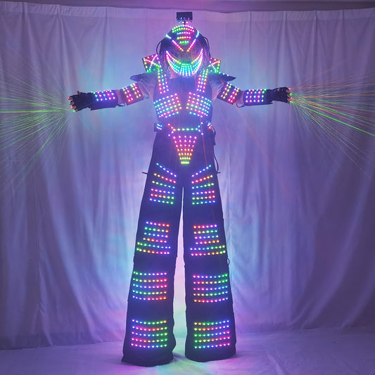 LED Robot Traje Suit Luminous Jacket Costume - Predator Lighted Helmet, Laser Gloves & Stilt Walking for Party Event Performance