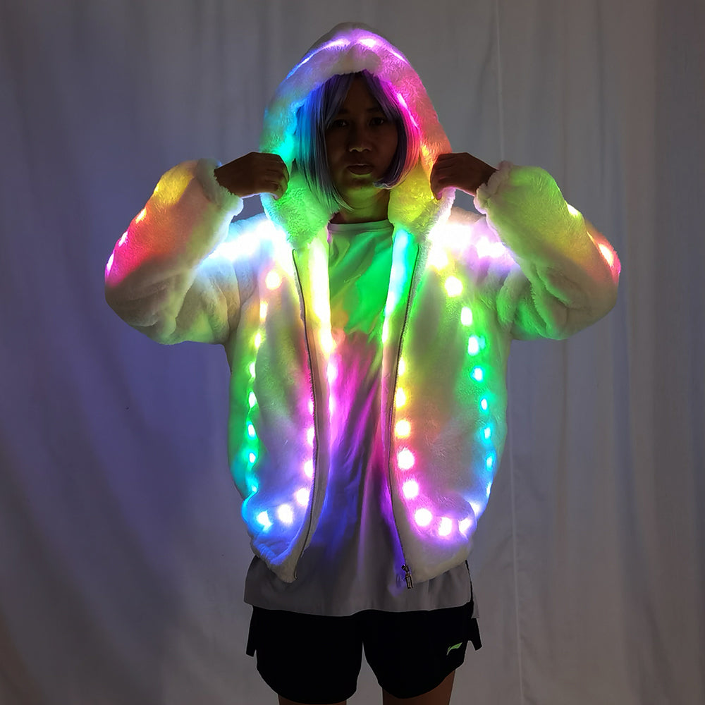 LED Fashion Women's Faux Fur Coat with Remote Control Color Change Sequins Hooded Coat