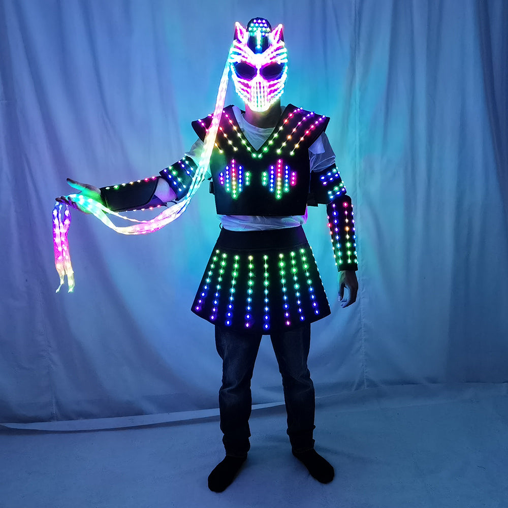 LED Robot Suit Costume Laser Glove Canvas Fashion Glowing Wedding Dress Clothes Luminous Headwear Short Skirt