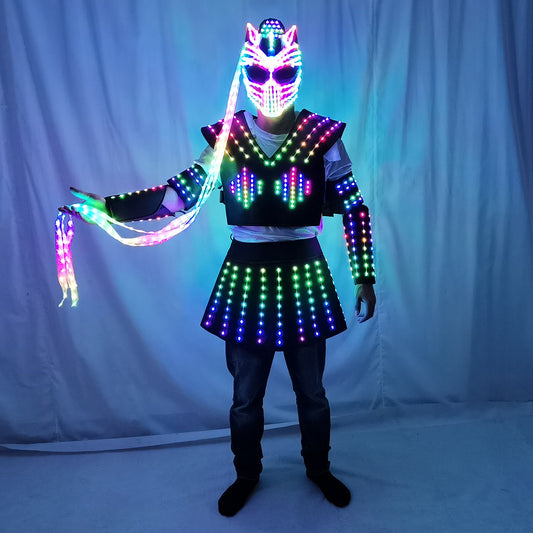 LED Robot Suit Costume Laser Glove Canvas Fashion Glowing Wedding Dress Clothes Luminous Headwear Short Skirt