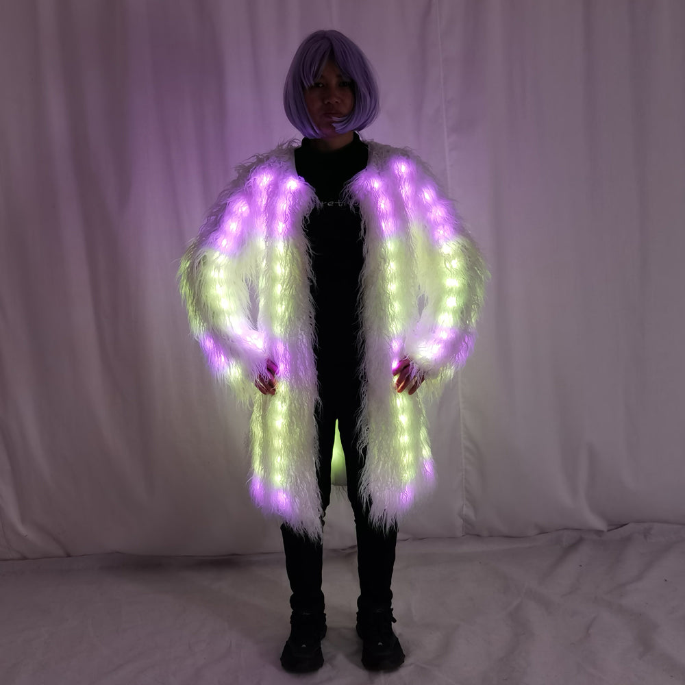Women LED Luminous Fur Coat Remote Control Light Up Faux Fur Jacket for Party Festival