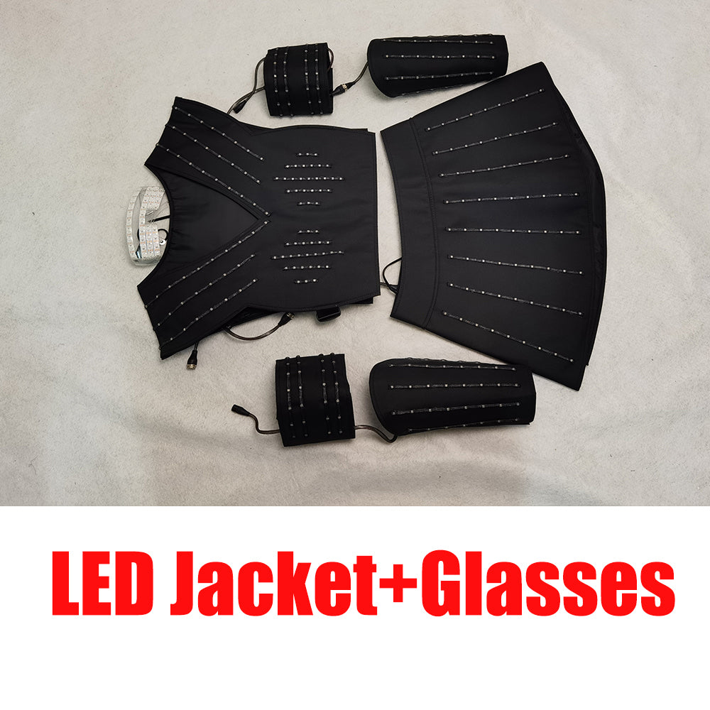 LED Robot Suit Costume Laser Glove Canvas Fashion Glowing Wedding Dress Clothes Luminous Headwear Short Skirt