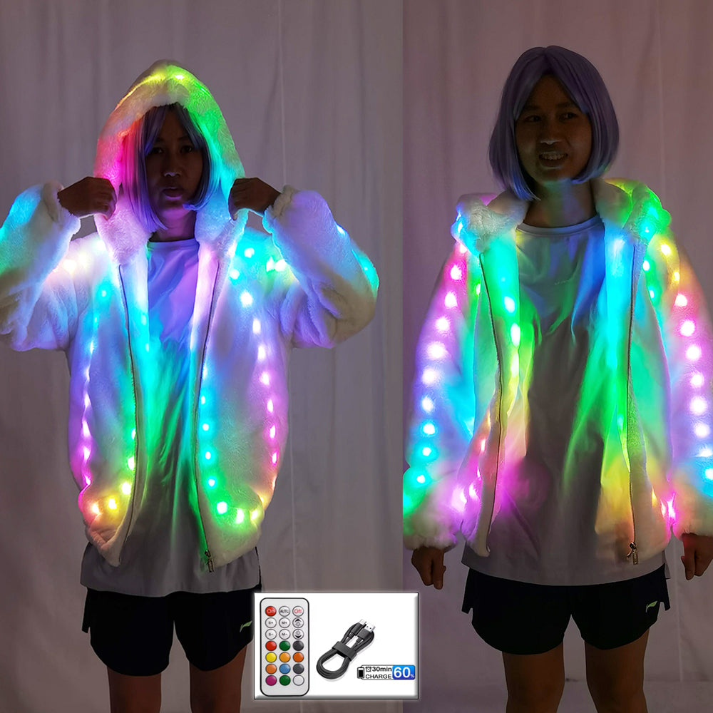 LED Fashion Women's Faux Fur Coat with Remote Control Color Change Sequins Hooded Coat