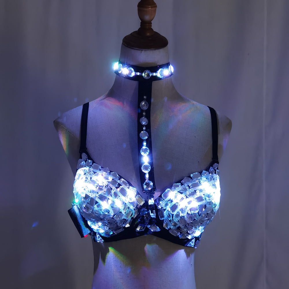 Sexy Silver LED Diamond Bra Handmade Crystal Nightclub Gogo Dancer Costume