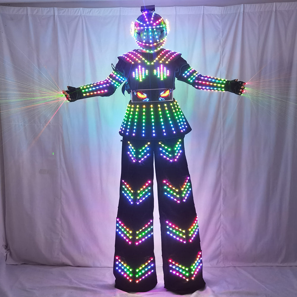 Women's LED Stilt Skirt Robot Suit with Laser Gloves - Kryoman Style Performance Costume for Events Parties
