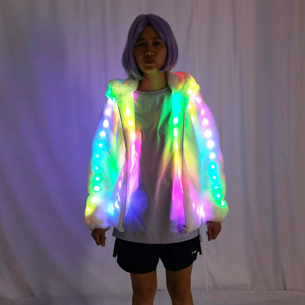 LED Fashion Women's Faux Fur Coat with Remote Control Color Change Sequins Hooded Coat