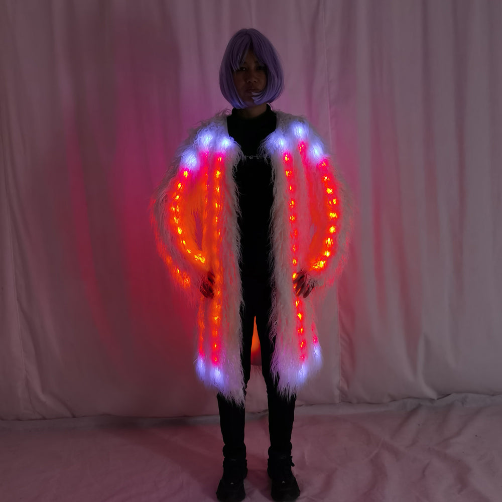 Women LED Luminous Fur Coat Remote Control Light Up Faux Fur Jacket for Party Festival