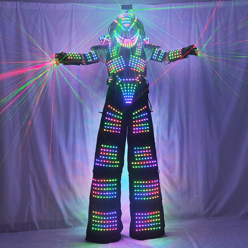 LED Robot Traje Suit Luminous Jacket Costume - Predator Lighted Helmet, Laser Gloves & Stilt Walking for Party Event Performance