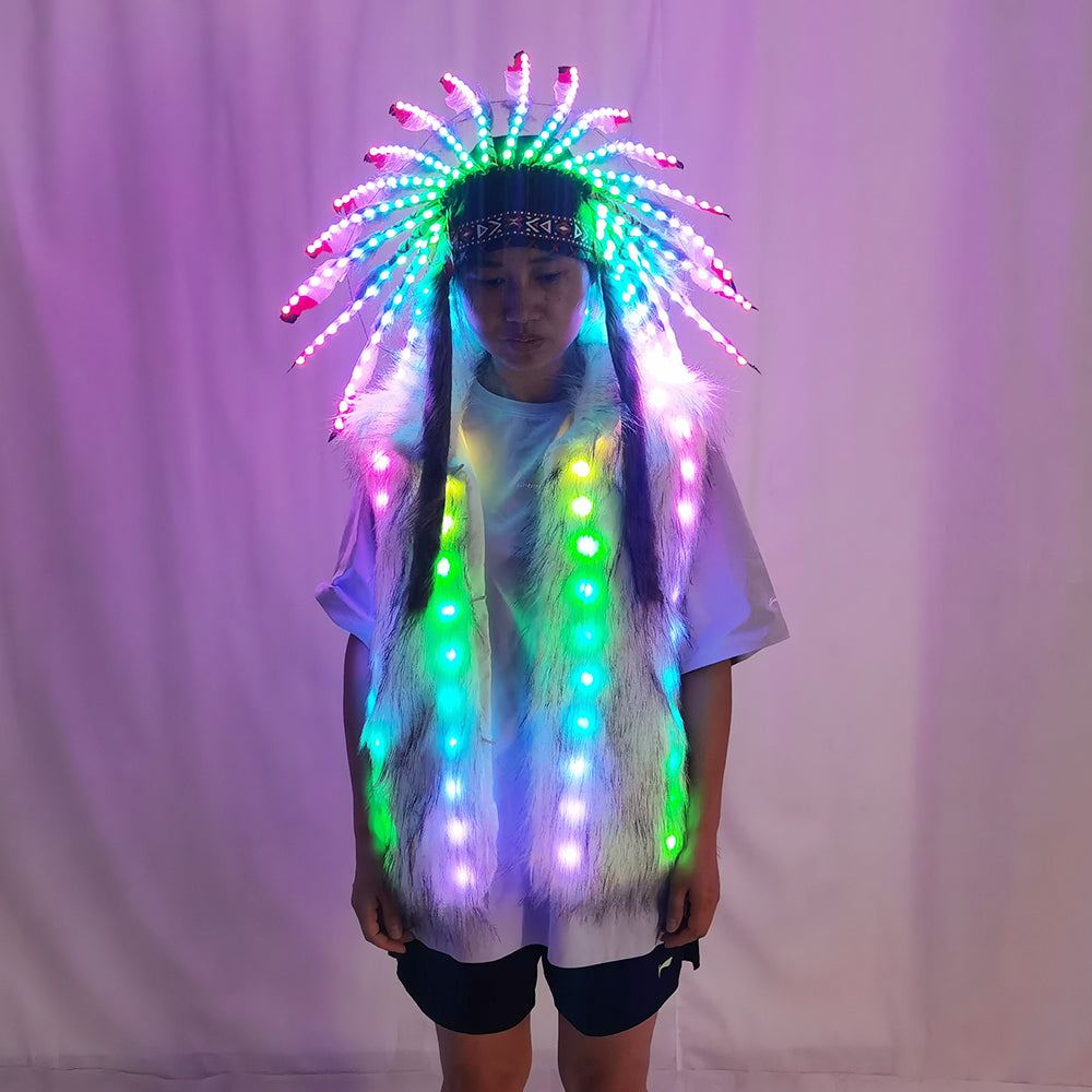Full Color LED Light Up Faux Fur Vest Jacket with Indian Headdress & Hula Skirt