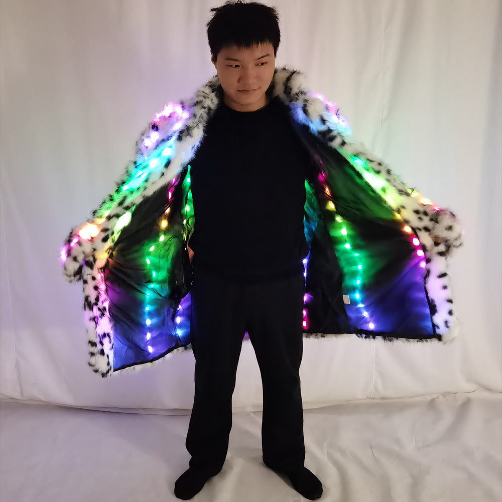 Faux Fur Coat Men Hooded Outerwear Comfortable Thick Winter Warm Long Jacket LED Stage Dance Party Cosplay Costume Overcoat