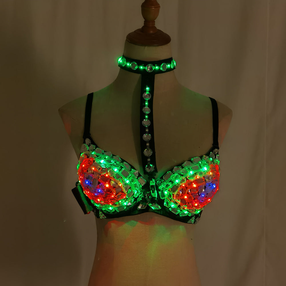 Sexy Silver LED Diamond Bra Handmade Crystal Nightclub Gogo Dancer Costume