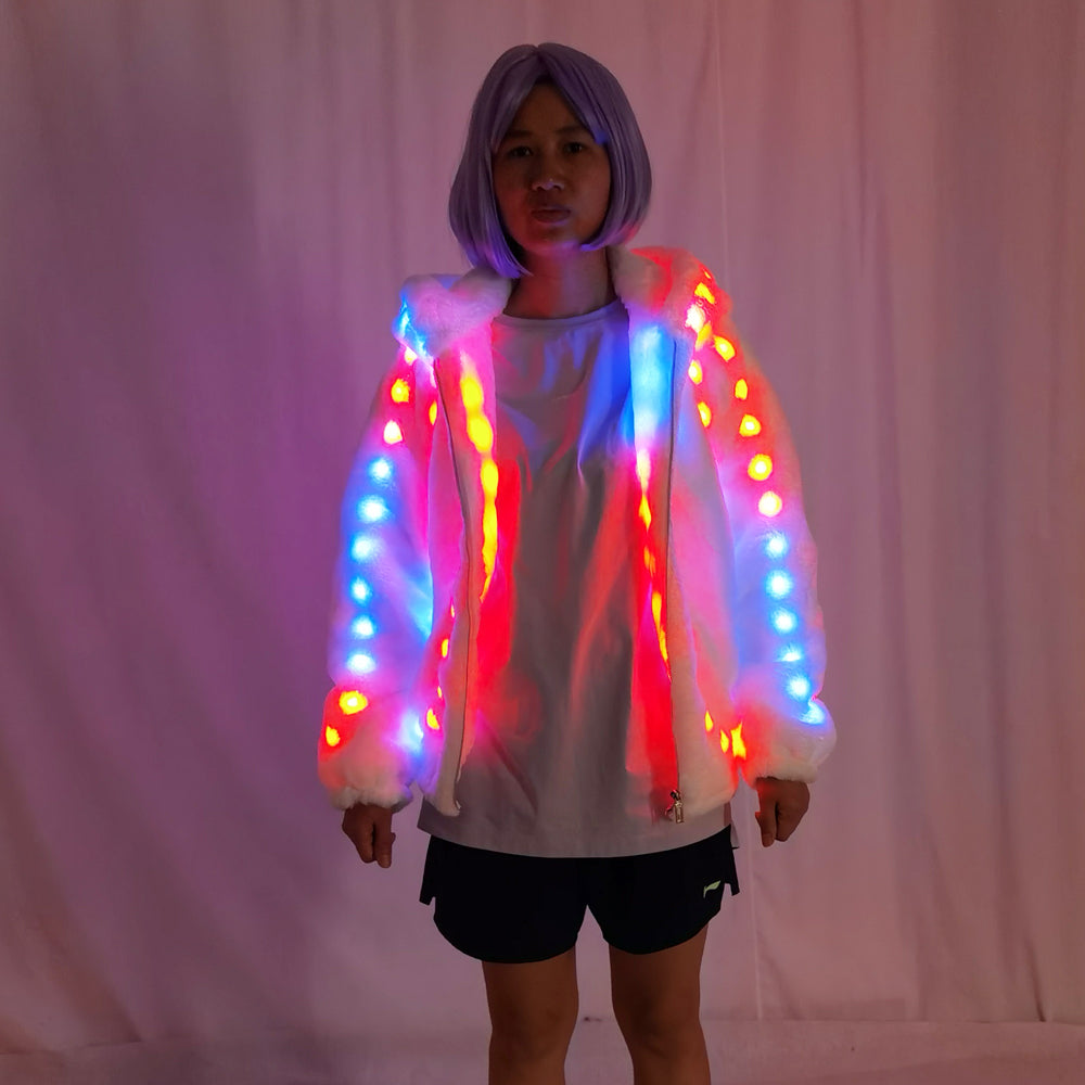 LED Fashion Women's Faux Fur Coat with Remote Control Color Change Sequins Hooded Coat