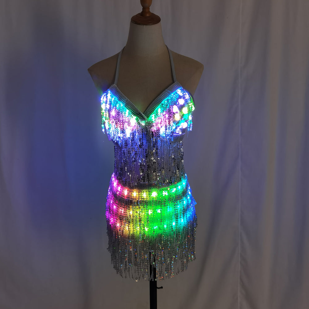 LED Glowing Sequin Tassel Dance Costume Light Up Festival Performance Outfit for Women