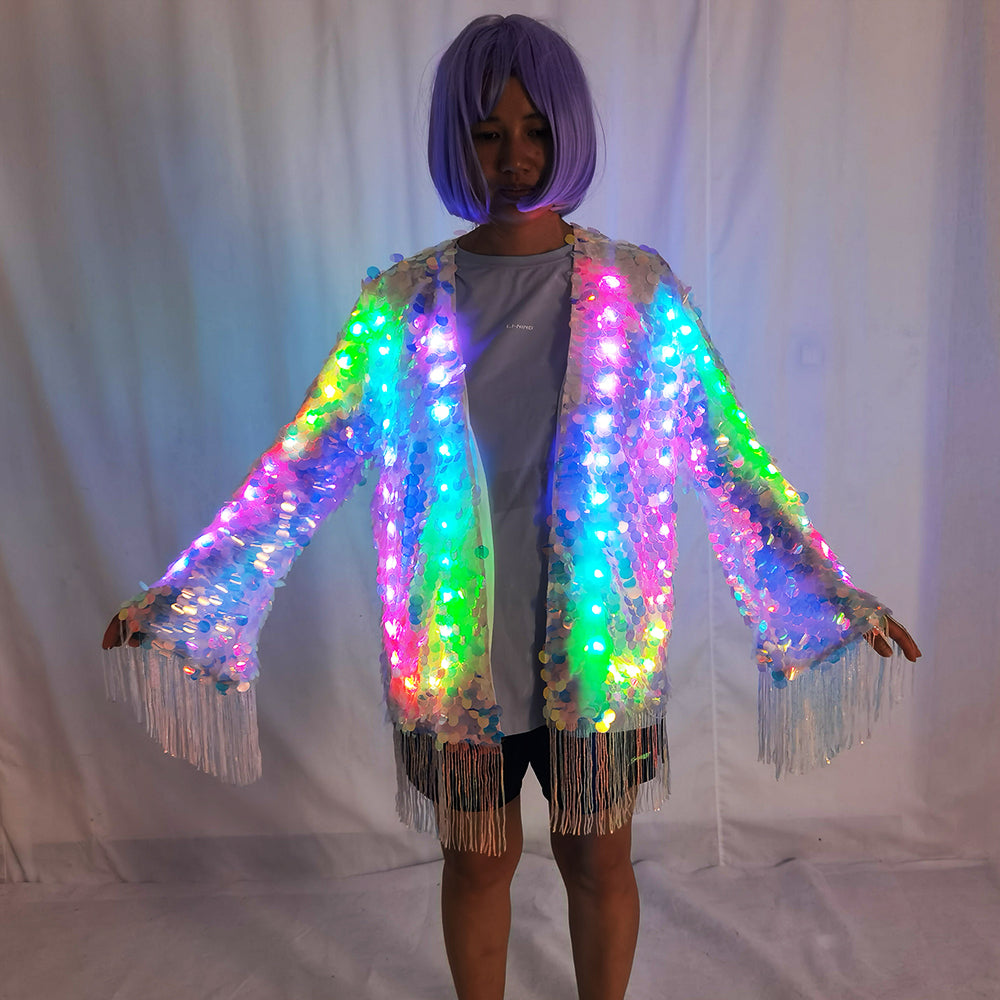 LED Full Color Sequin Tassel Belly Dance Costume Sparkly Performance Outfit