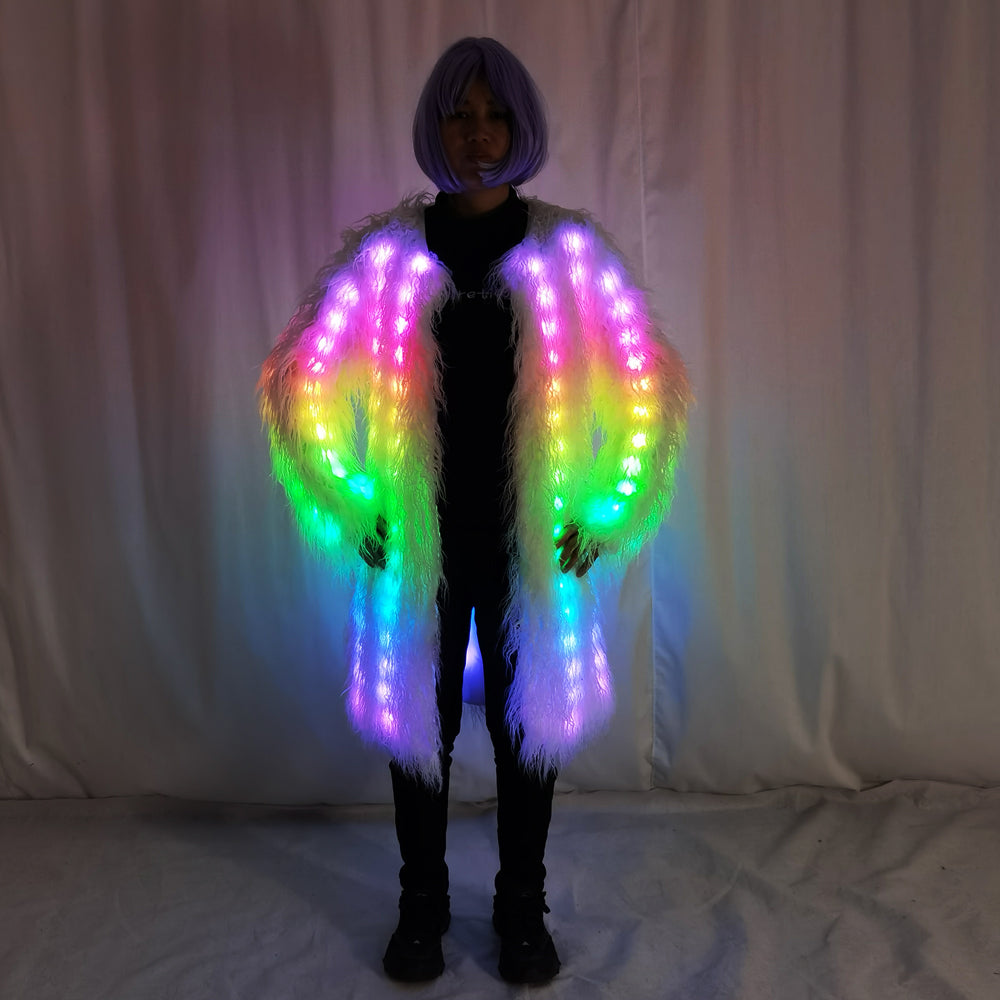 Women LED Luminous Fur Coat Remote Control Light Up Faux Fur Jacket for Party Festival