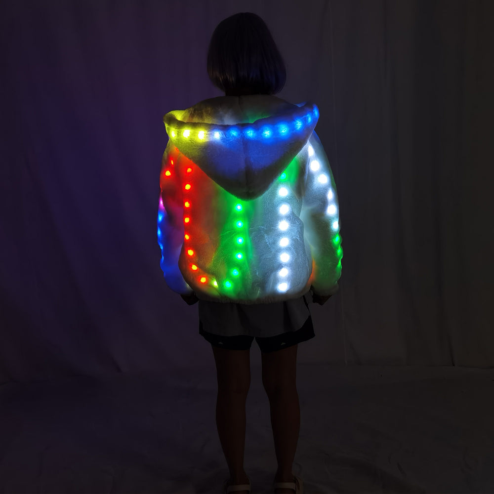 LED Fashion Women's Faux Fur Coat with Remote Control Color Change Sequins Hooded Coat