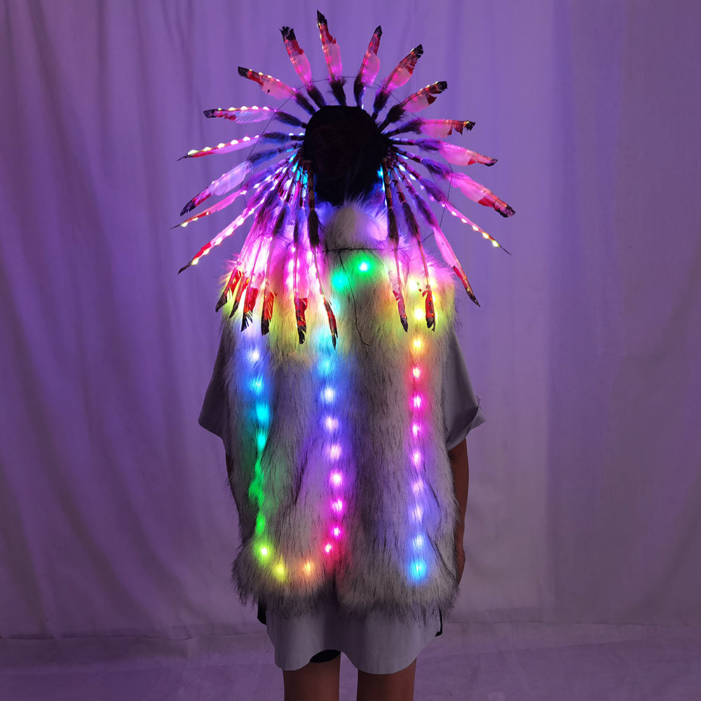 Full Color LED Light Up Faux Fur Vest Jacket with Indian Headdress & Hula Skirt