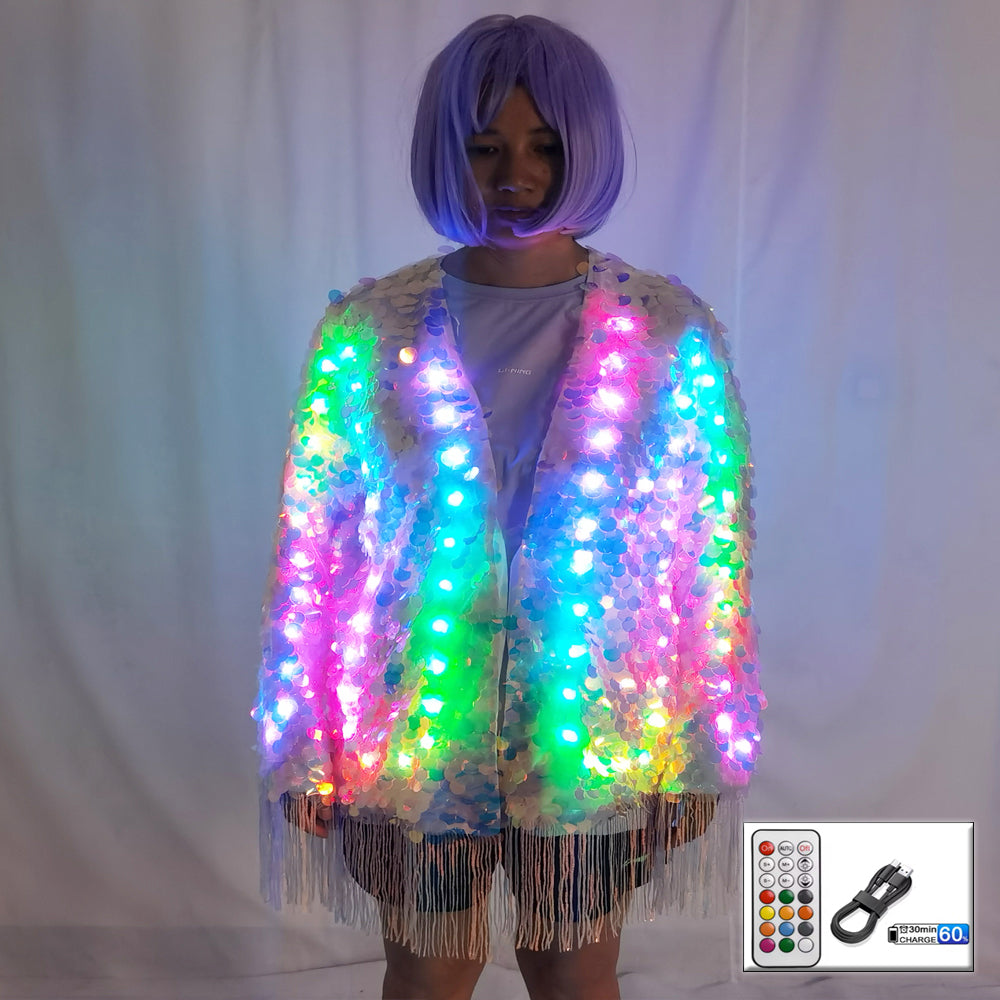 LED Full Color Sequin Tassel Belly Dance Costume Sparkly Performance Outfit