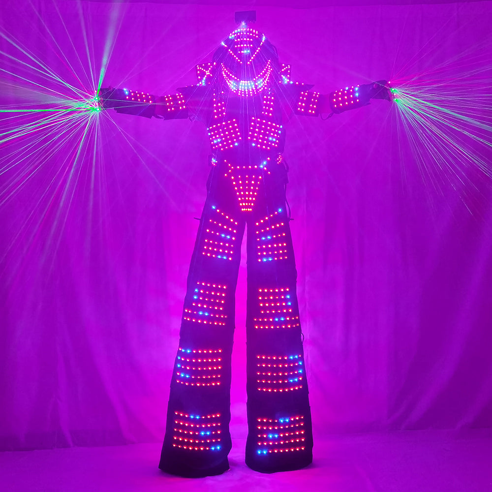 LED Robot Traje Suit Luminous Jacket Costume - Predator Lighted Helmet, Laser Gloves & Stilt Walking for Party Event Performance