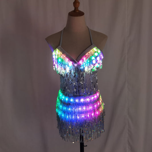 LED Glowing Sequin Tassel Dance Costume Light Up Festival Performance Outfit for Women