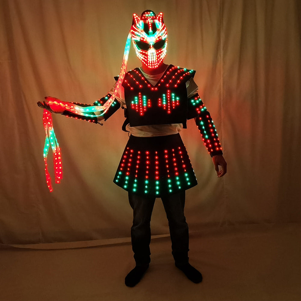 LED Robot Suit Costume Laser Glove Canvas Fashion Glowing Wedding Dress Clothes Luminous Headwear Short Skirt