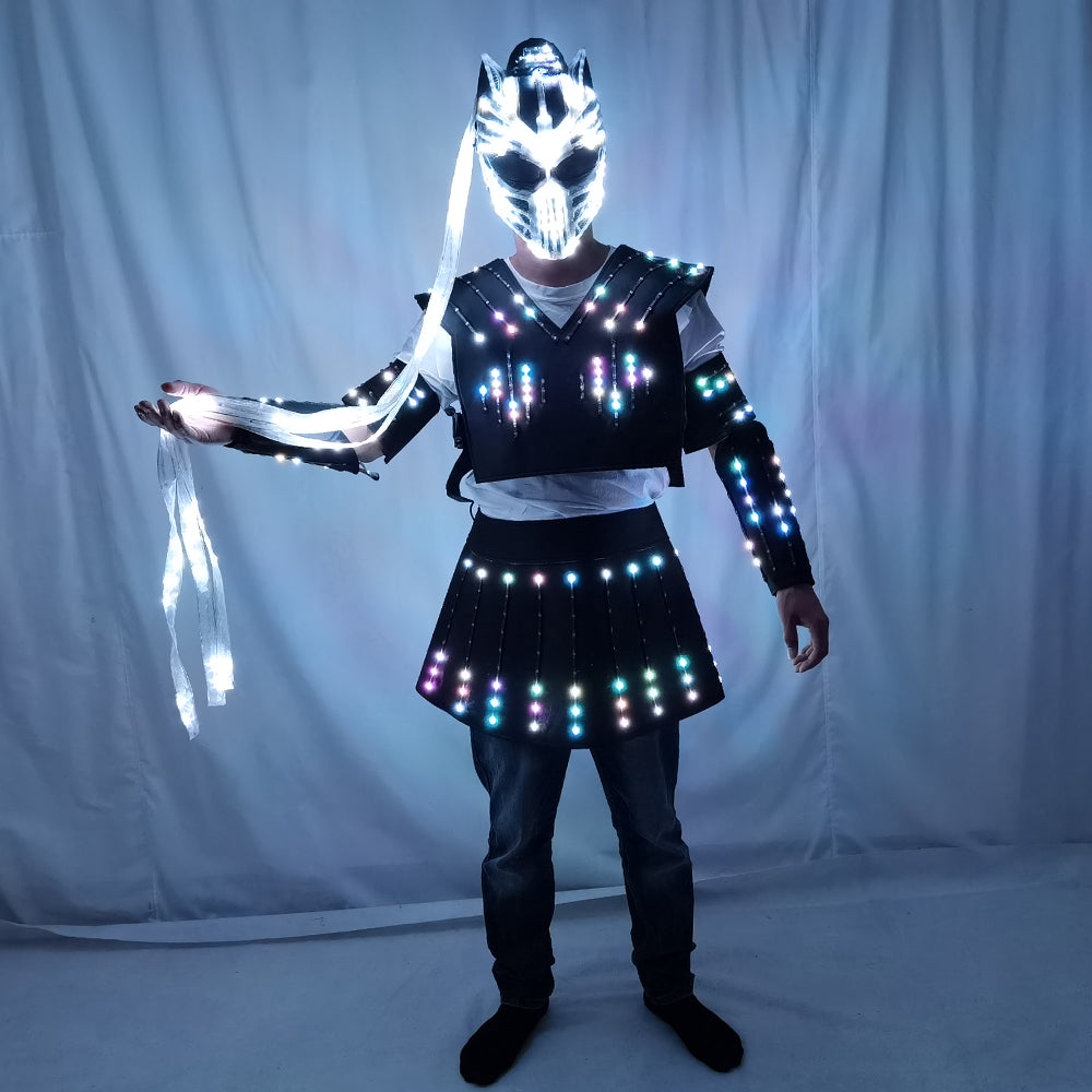 LED Robot Suit Costume Laser Glove Canvas Fashion Glowing Wedding Dress Clothes Luminous Headwear Short Skirt