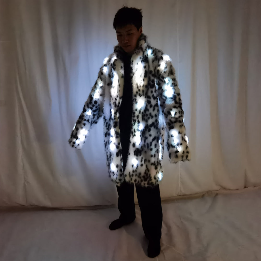 Faux Fur Coat Men Hooded Outerwear Comfortable Thick Winter Warm Long Jacket LED Stage Dance Party Cosplay Costume Overcoat