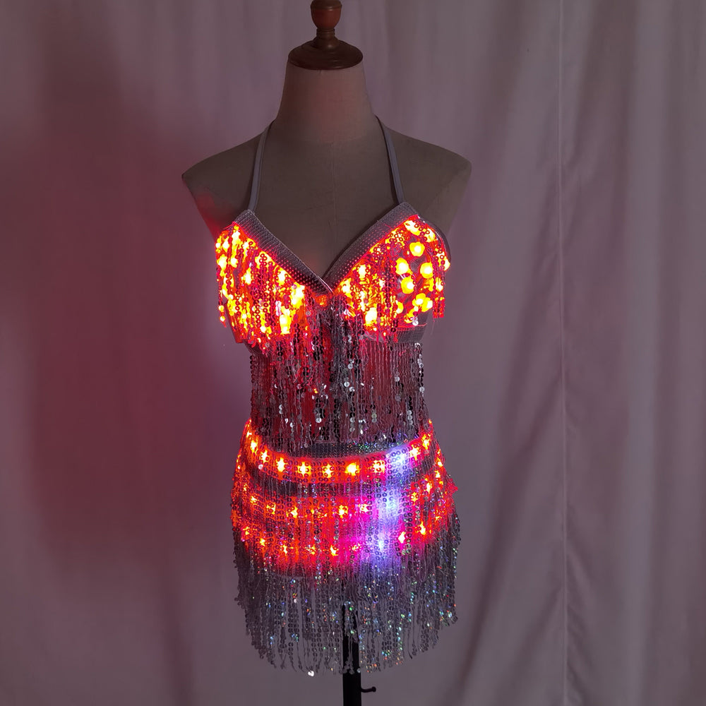LED Glowing Sequin Tassel Dance Costume Light Up Festival Performance Outfit for Women