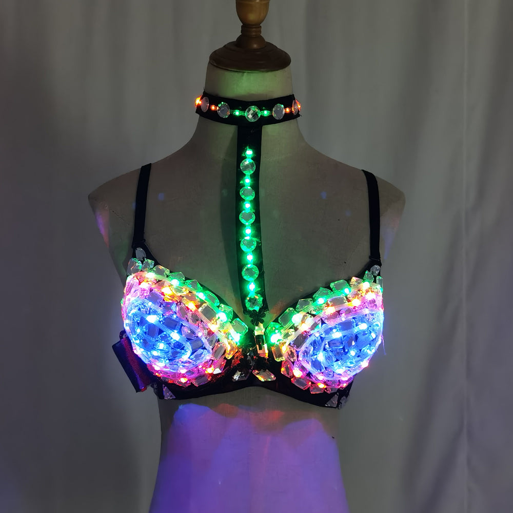 Sexy Silver LED Diamond Bra Handmade Crystal Nightclub Gogo Dancer Costume