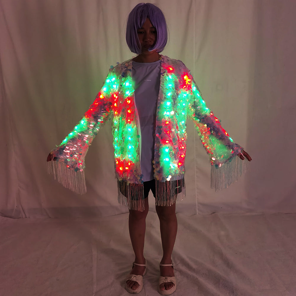 LED Full Color Sequin Tassel Belly Dance Costume Sparkly Performance Outfit