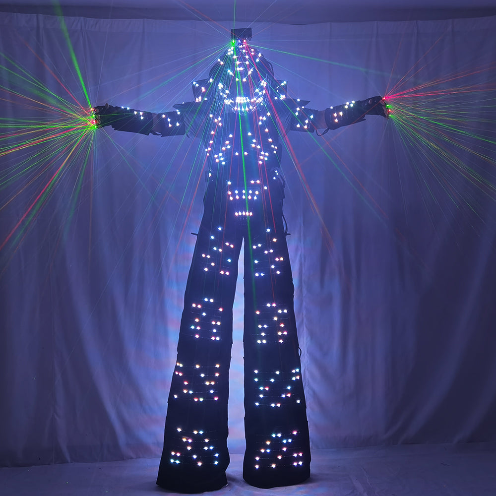 LED Robot Traje Suit Luminous Jacket Costume - Predator Lighted Helmet, Laser Gloves & Stilt Walking for Party Event Performance