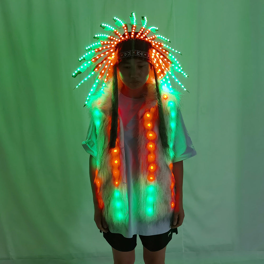 Full Color LED Light Up Faux Fur Vest Jacket with Indian Headdress & Hula Skirt