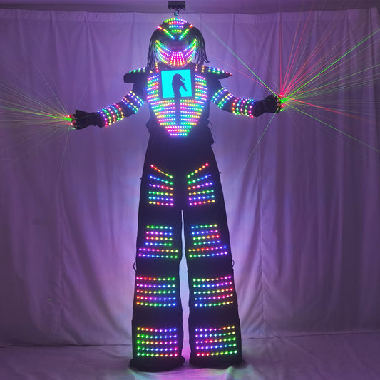 RGB Pixels LED Robot Suit Costume Set Smart Chest Display Stills Walker Laser Gloves Helmet for DJ Club Party Stage Performance