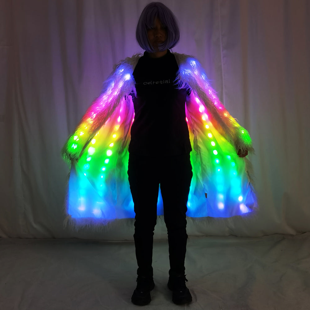 Women LED Luminous Fur Coat Remote Control Light Up Faux Fur Jacket for Party Festival