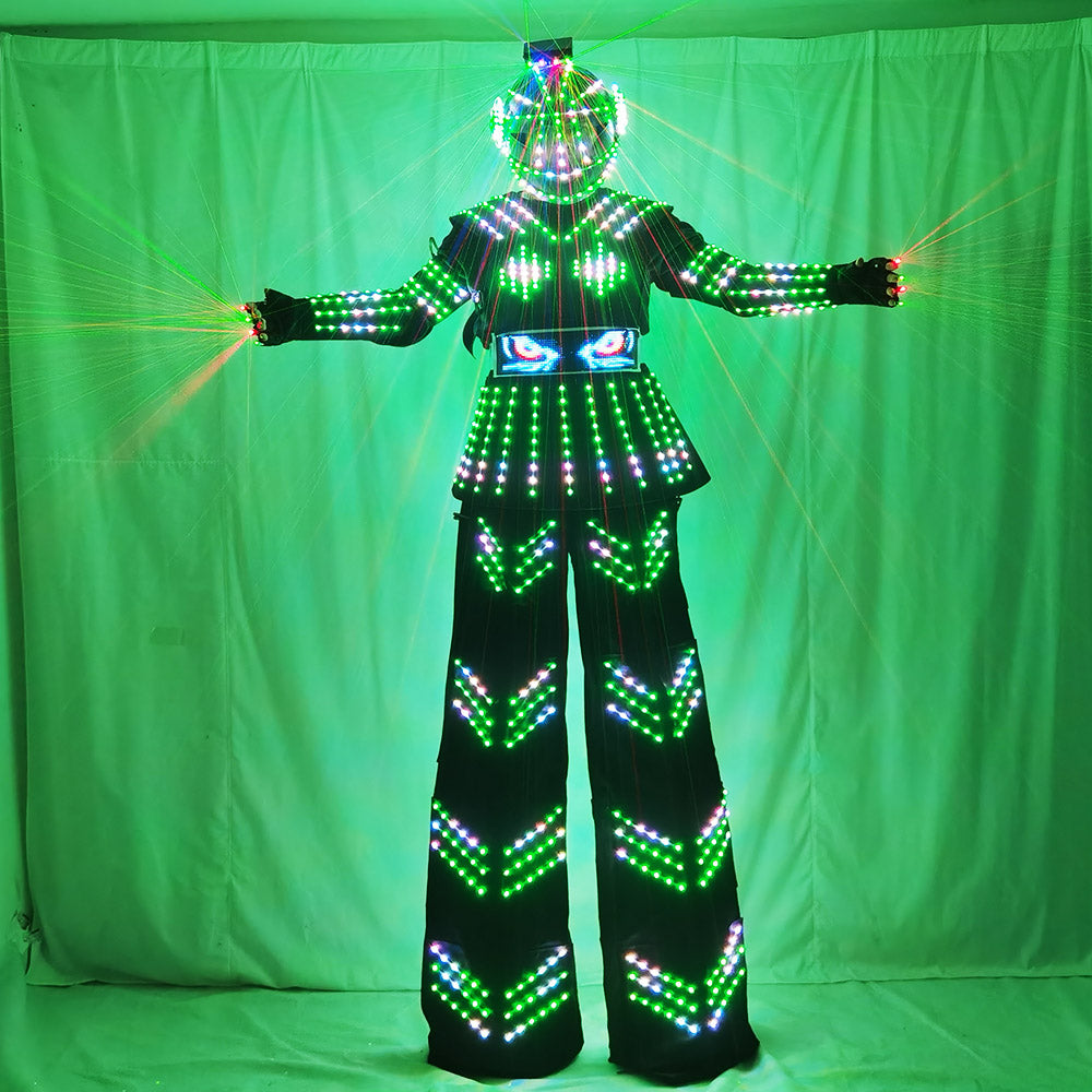 Women's LED Stilt Skirt Robot Suit with Laser Gloves - Kryoman Style Performance Costume for Events Parties