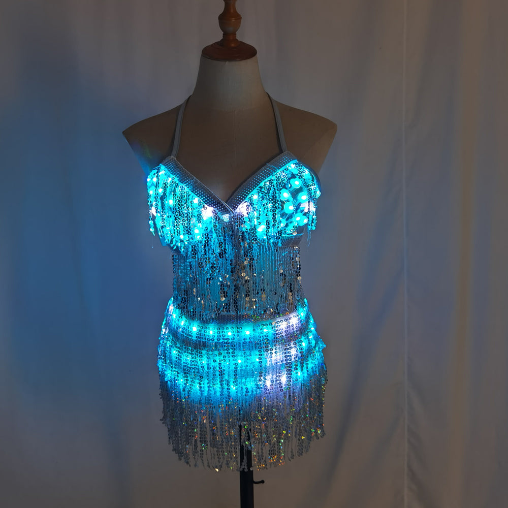 LED Glowing Sequin Tassel Dance Costume Light Up Festival Performance Outfit for Women