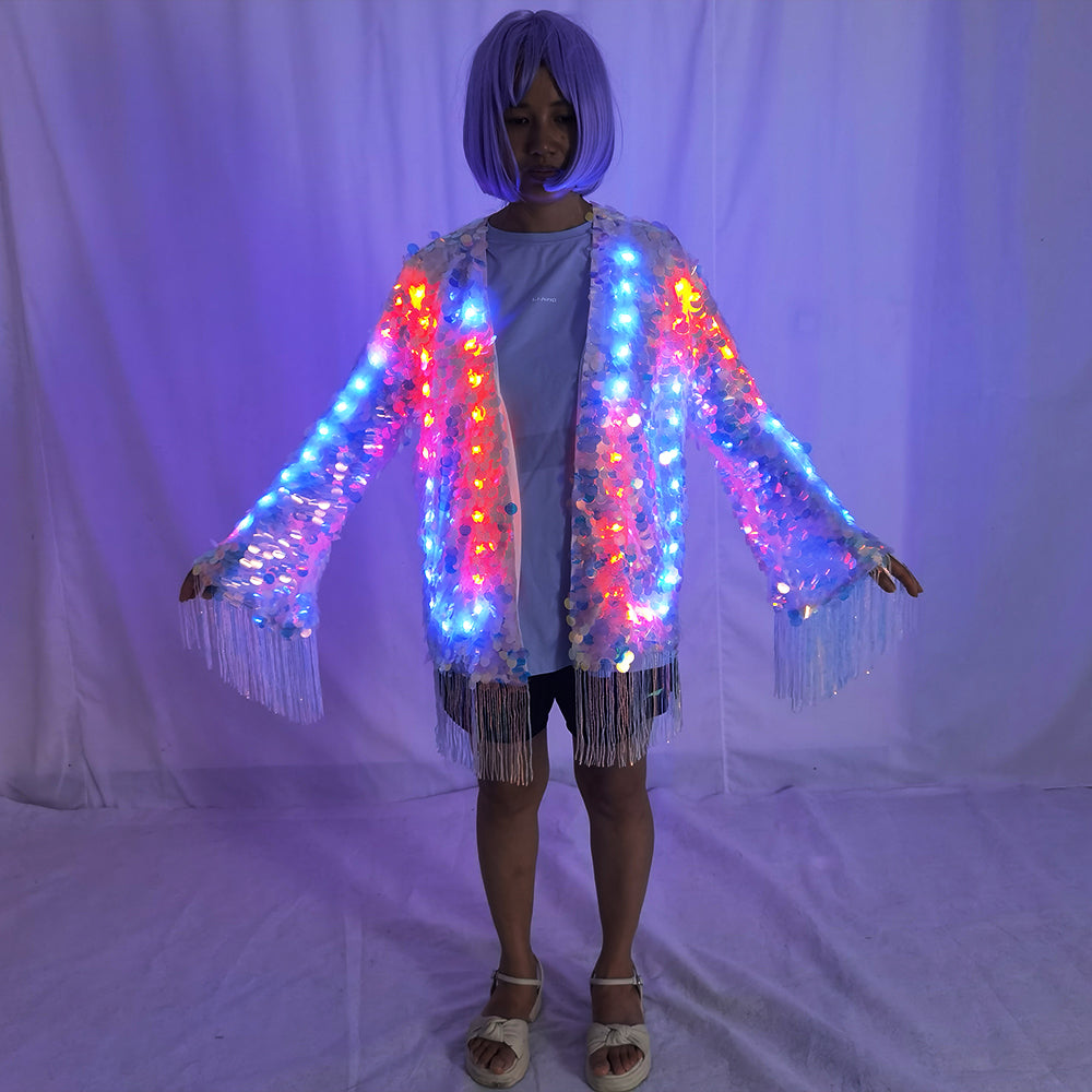 LED Full Color Sequin Tassel Belly Dance Costume Sparkly Performance Outfit