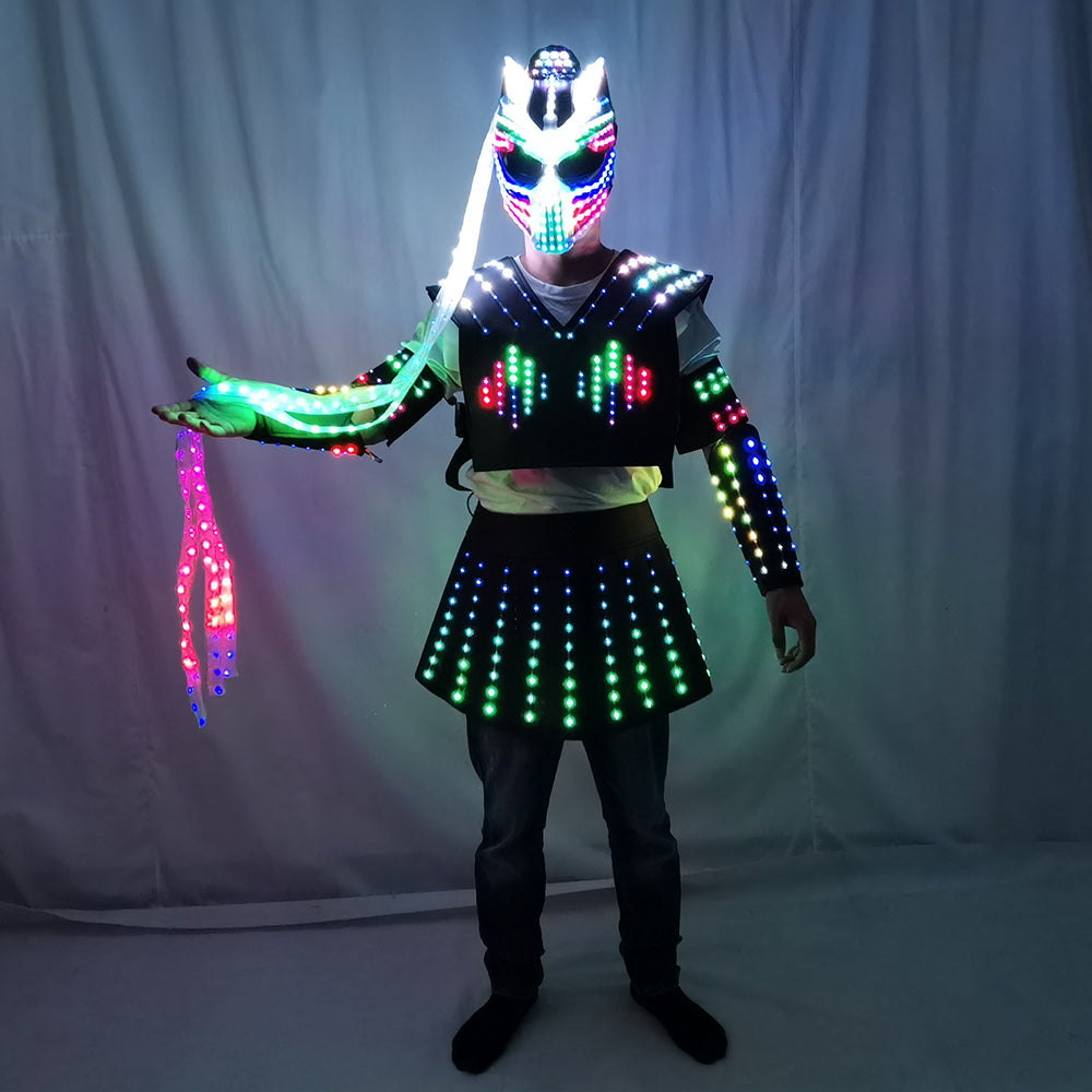 LED Robot Suit Costume Laser Glove Canvas Fashion Glowing Wedding Dress Clothes Luminous Headwear Short Skirt