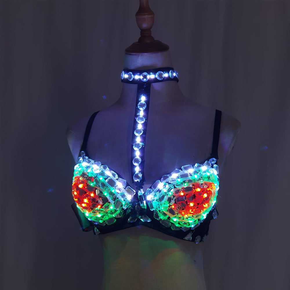 Sexy Silver LED Diamond Bra Handmade Crystal Nightclub Gogo Dancer Costume