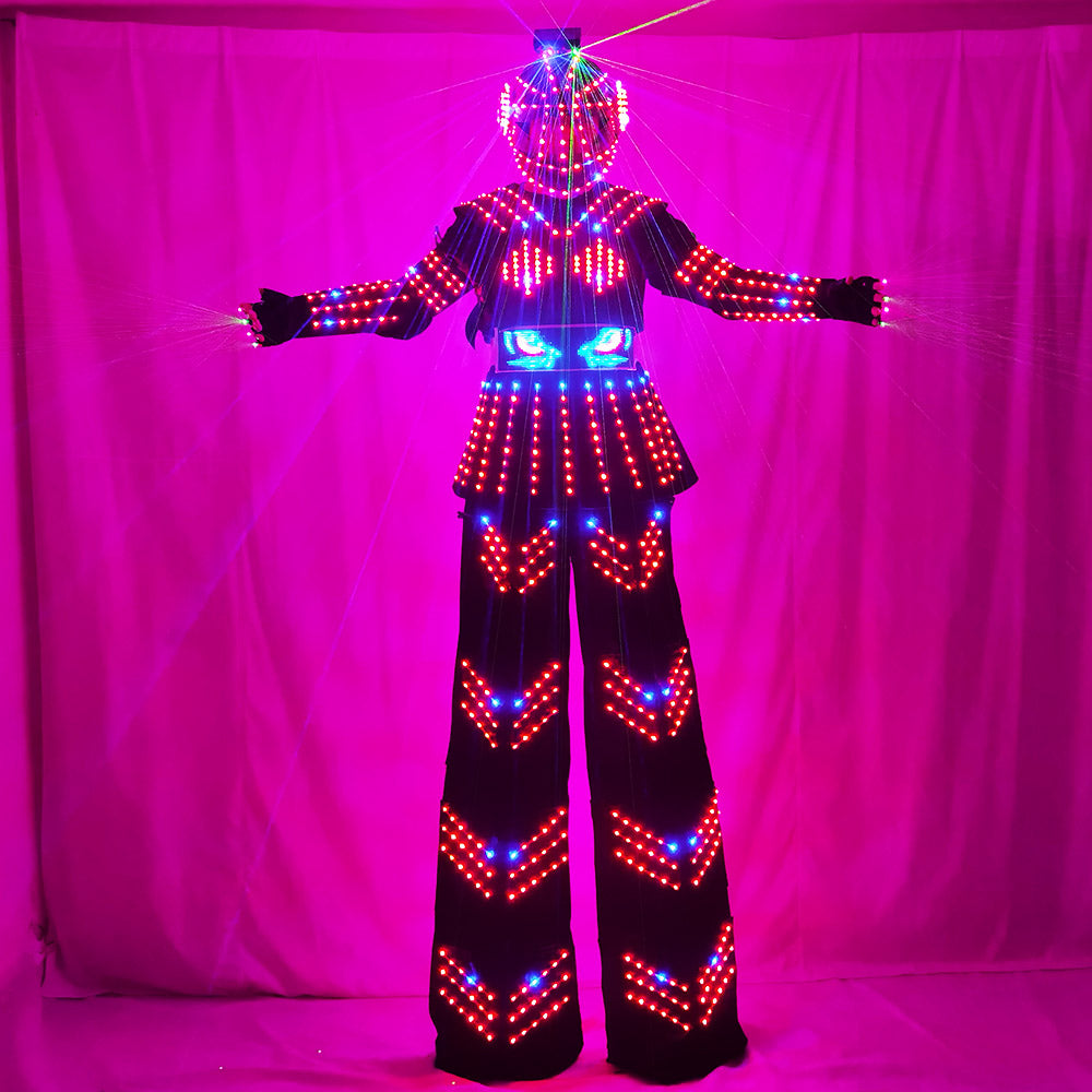 Women's LED Stilt Skirt Robot Suit with Laser Gloves - Kryoman Style Performance Costume for Events Parties