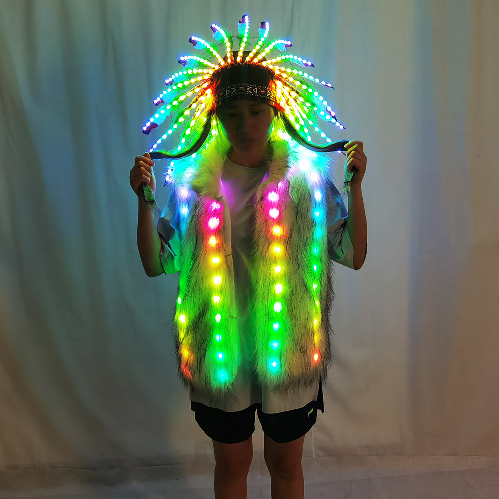 Full Color LED Light Up Faux Fur Vest Jacket with Indian Headdress & Hula Skirt