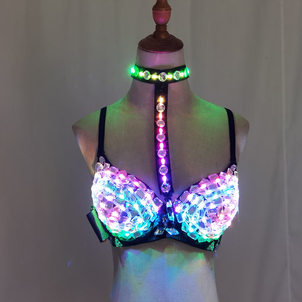 Sexy Silver LED Diamond Bra Handmade Crystal Nightclub Gogo Dancer Costume