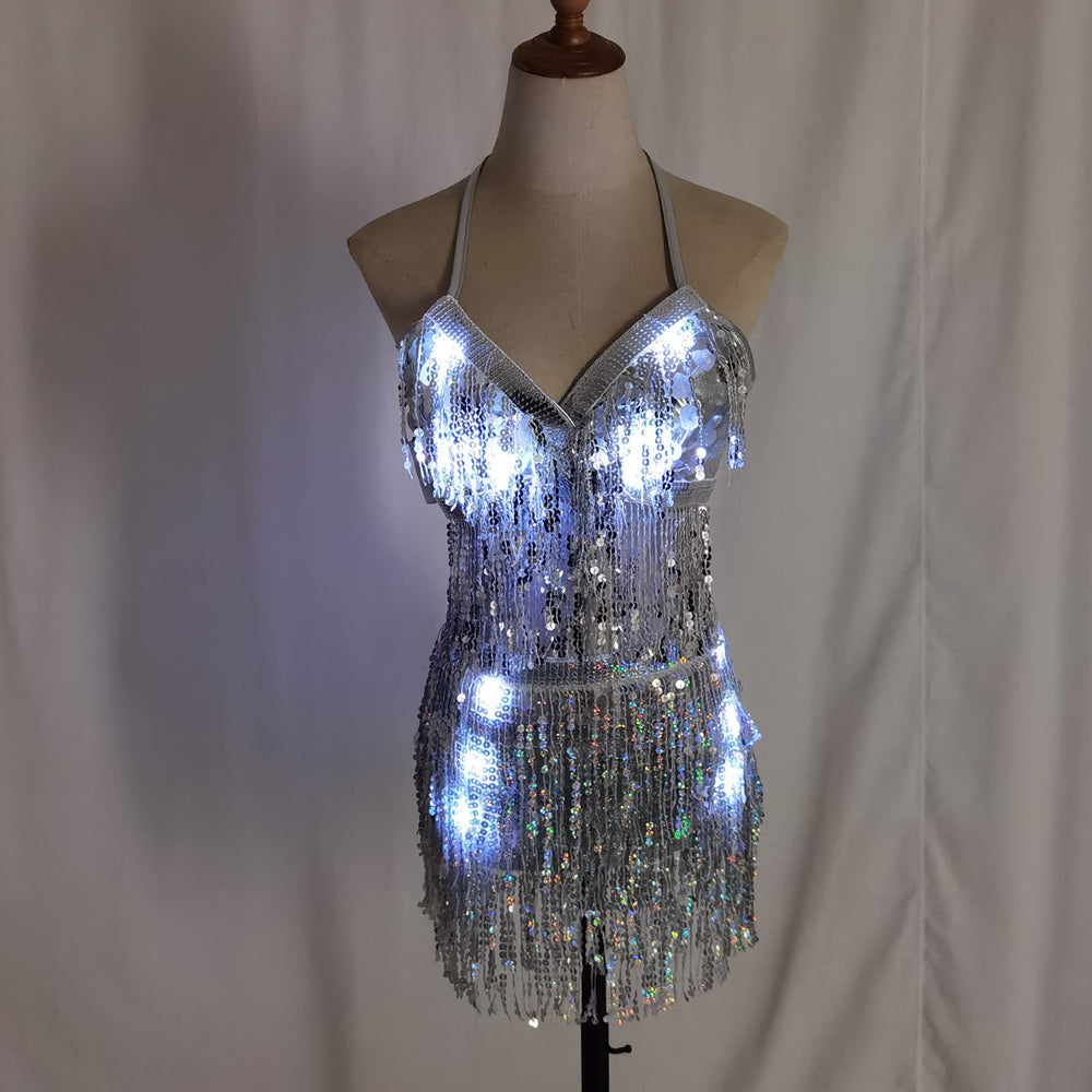 LED Glowing Sequin Tassel Dance Costume Light Up Festival Performance Outfit for Women
