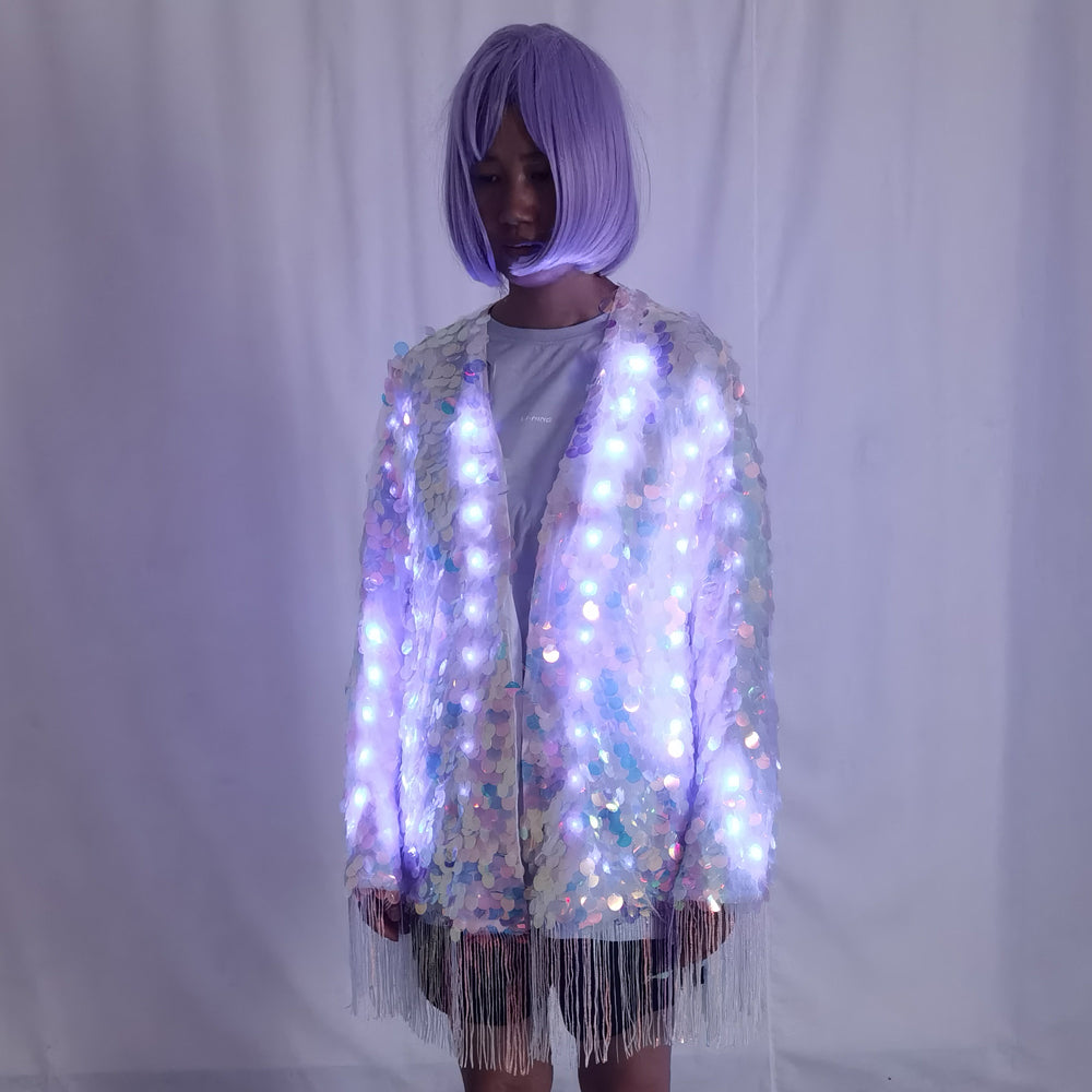 LED Full Color Sequin Tassel Belly Dance Costume Sparkly Performance Outfit