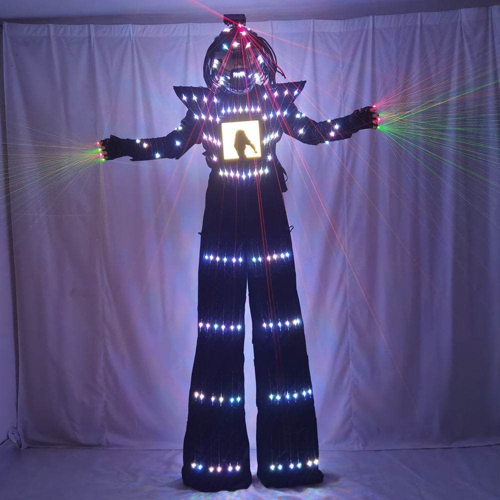 White Silver Leather Luminous LED Robot Costume - Full Color Chest Display, Stilt Walking & Laser Glove Helmet