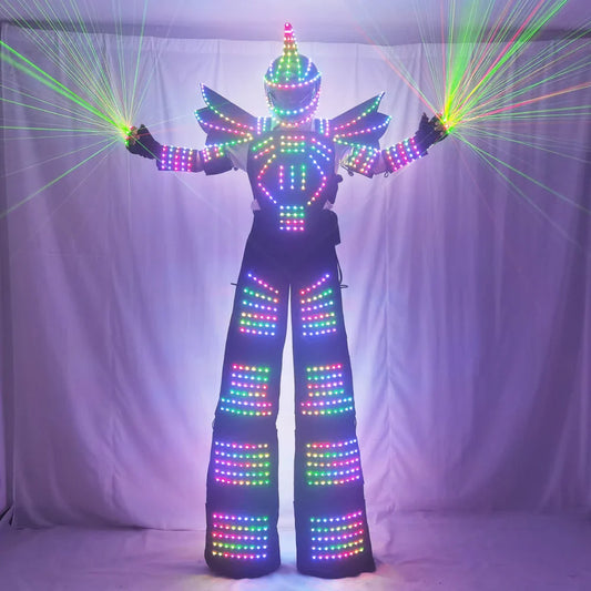 Full Color Pixel LED Robot Costume Clothes Stilts Walker Costume LED Suit Costume Helmet Laser Gloves CO2 Gun Jet Machine