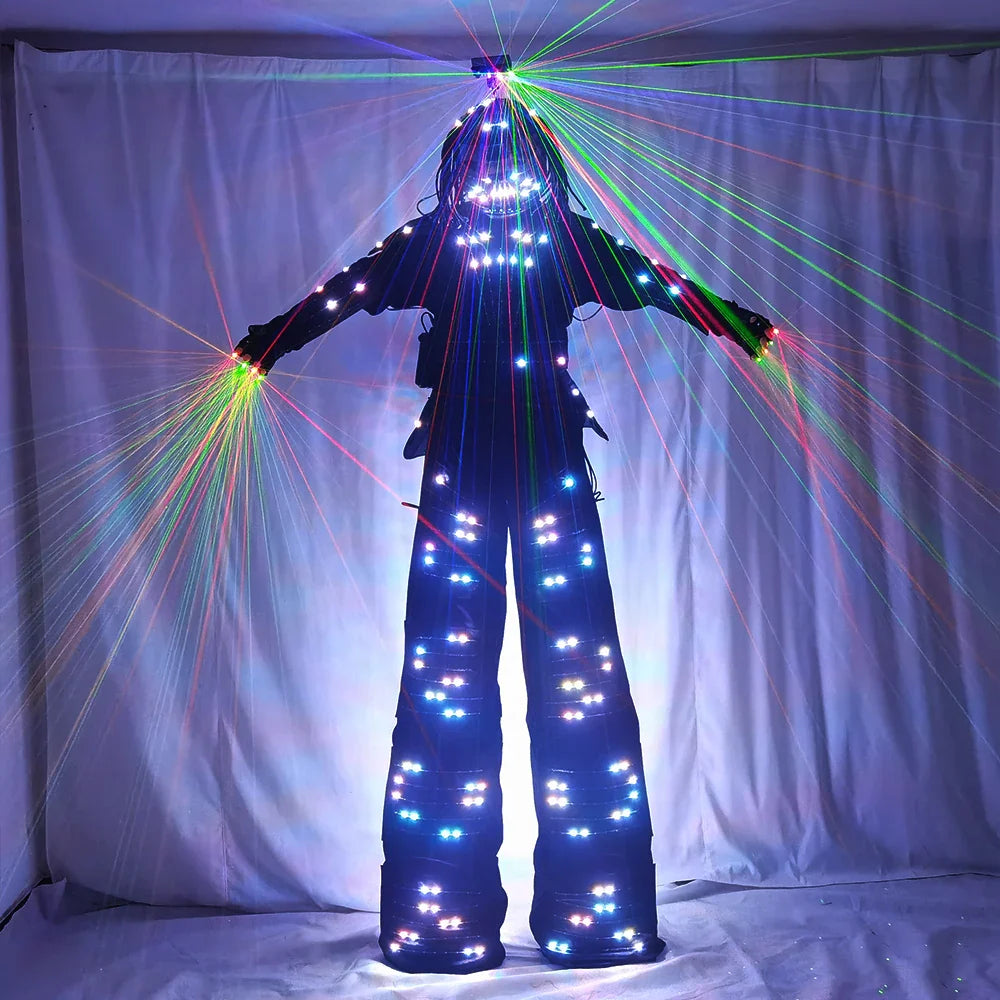 LED Robot Costume David Guetta Suit Silver White Leather Stilts Walker Costume with Laser Gloves Helmet Amosphere Prop