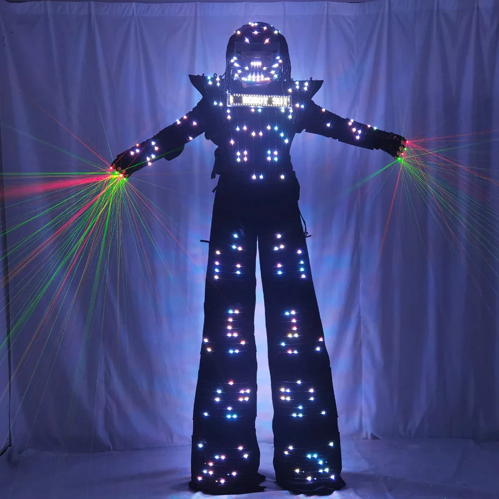 LED Robot Costume Clothes Full Color Chest Display White Silver Leather Stilt Walking Luminous Suit Jacket Laser Glove Helmet
