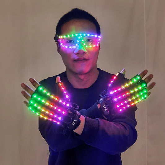 LED Gloves Glowing Glasses Light Up Glasses Rave Costume Decor DJ Dance Performances Luminous Props Halloween Decorati